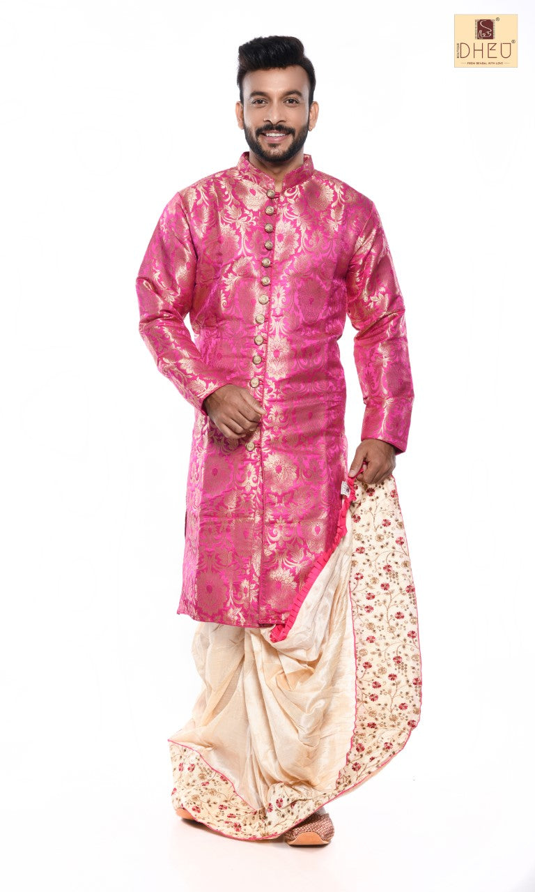 Sophisticate pure benarasi pink kurta with beige ready to wear dhoti from dheu.in