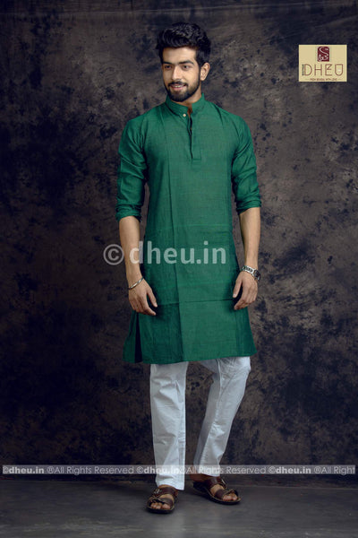 Green Pure Cotton kurta for Men -Solid Colour - Boutique Dheu