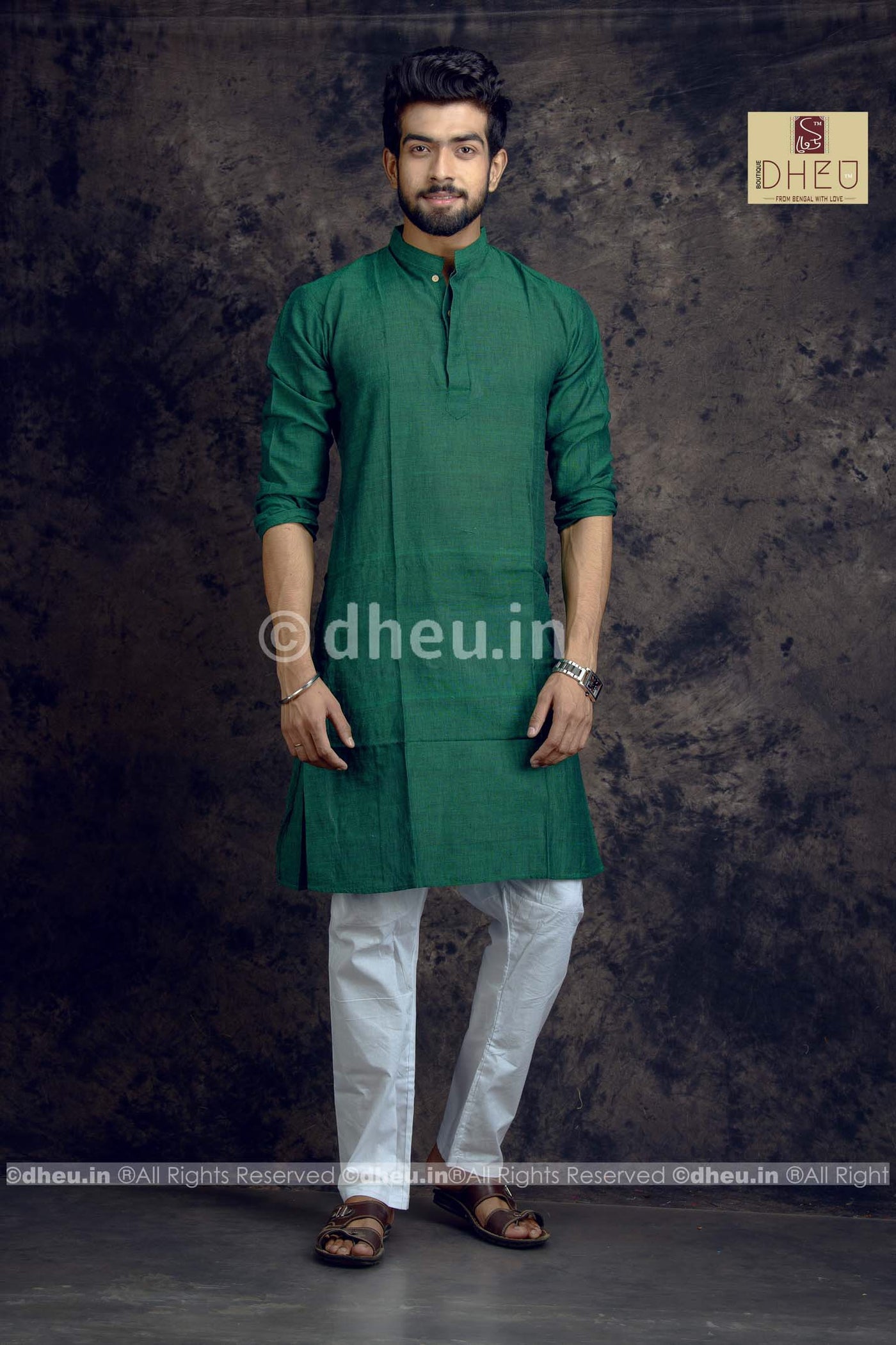 Green Pure Cotton kurta for Men -Solid Colour - Boutique Dheu