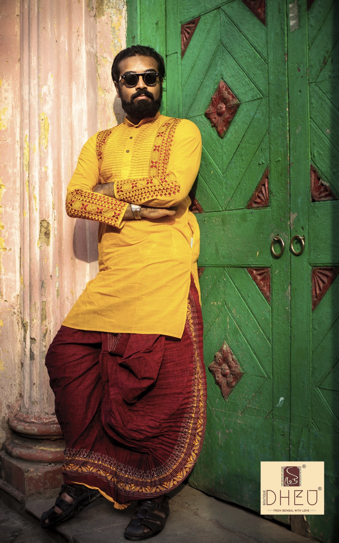 vibrant yellow kurta with red ready to wear dhoti from dheu.in