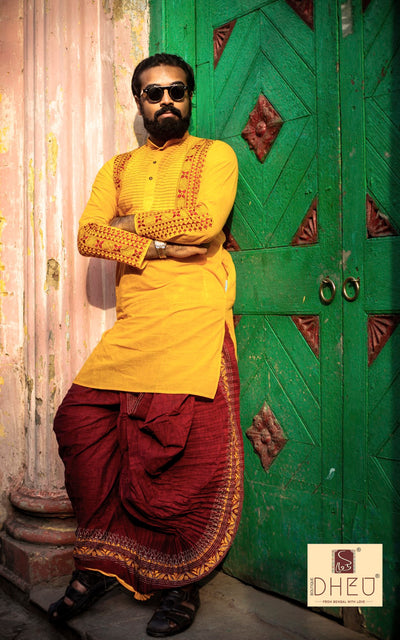 vibrant yellow kurta with red ready to wear dhoti from dheu.in